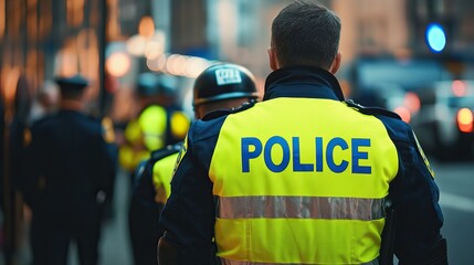 Police officers in bright yellow jackets monitoring a crowd. AI generated image