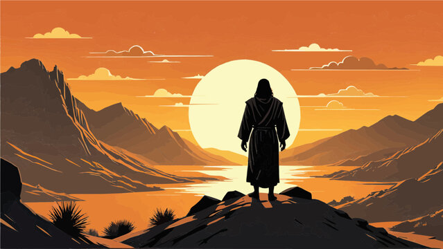 Silhouette illustration of Jesus in Desert. Depiction of the temptation of Satan concept