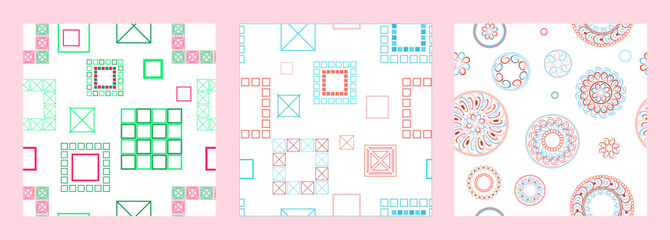 Seamless pattern of geometric shapes. Bright seamless pattern. Set of 3 patterns. Design for fabric, wallpaper, wrapping paper. Vector illustration