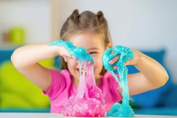 Little girl making homemade slime toy Little girl making homemade slime toy