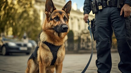 Police officers and their service dogs patrolling the streets. AI generated image