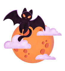 Halloween holiday composition with black cat bat and full moon, print for T-shirt, card