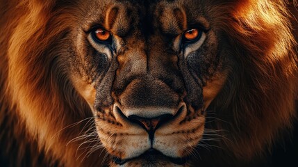 Naklejka premium A majestic lion with a fierce gaze, highlighting its intense eyes and majestic mane in dramatic lighting. Perfect wildlife and nature imagery.