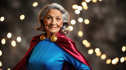 An elderly superhero with silver hair and a vibrant costume stands confidently in a warmly lit setting surrounded by shimmering lights