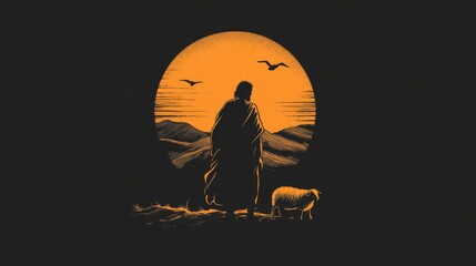 Logo of Jesus as a shepherd with a lost sheep against a sunset background.Dark tone.Concept of care, faith, Christianity and religion