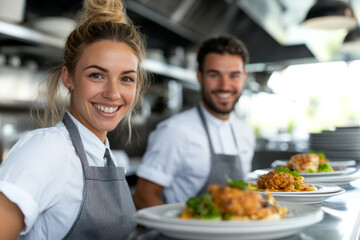 Smiling Chefs Presenting Plated Dishes in a Modern Kitchen
