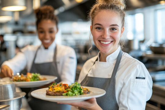 Smiling Female Chefs Serving Gourmet Dishes in a Professional Kitchen