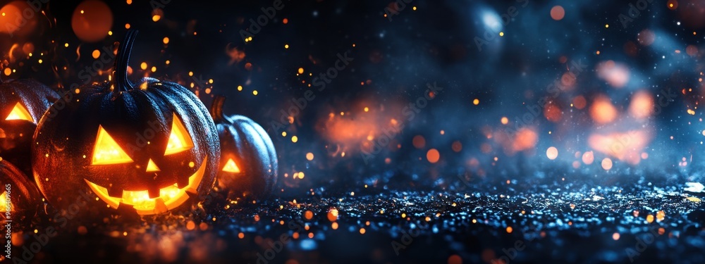 Canvas Prints halloween banner with pumpkins and glowing lights on a dark background, with copy space for text gen