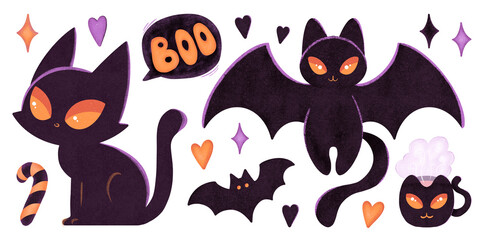 Halloween drawings collection, black cat and bats with orange eyes