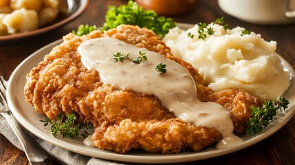 A hearty chicken fried steak served with creamy mashed potatoes and gravy