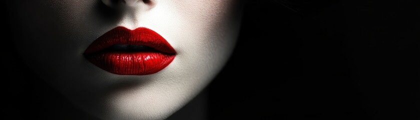 Fototapeta premium Close-up of woman's red lips in a dark, dramatic lighting. Elegant and seductive concept. Perfect for beauty and fashion themes.