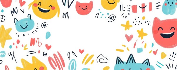 Colorful and cheerful doodle illustration featuring smiling faces and playful designs against a white background, perfect for kids' projects.