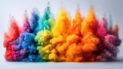 Fototapeta premium explosive cloud of vibrant rainbow holi powder against stark white background capturing moment of joyful color dispersion