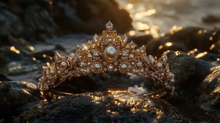 A golden tiara adorned with pearls and gemstones rests on rocks by the water, glistening in the sunlight.