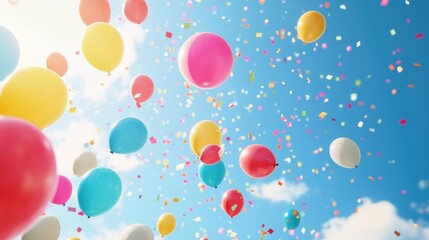 Fototapeta premium Colorful balloons floating in a clear blue sky with scattered clouds, creating a festive and joyful atmosphere.