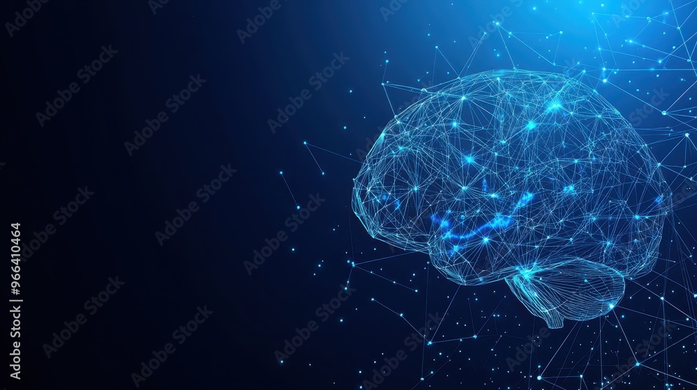 Poster digital rendering of a brain with neural network visualization on a dark background, representing ar