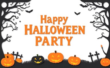 Black trees and orange pumpkins in a paper cut style for Halloween party invitations. 
