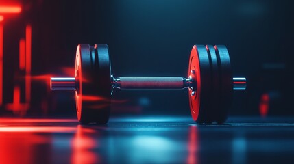 A close-up of a dumbbell on a gym floor, illuminated with dramatic lighting, emphasizing fitness and strength training.