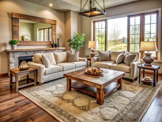 Fototapeta premium Cozy Omaha living room with plush area rug,cream-colored sofa, and rustic wood accents amidst neutral-toned walls, exuding warmth and inviting atmosphere.
