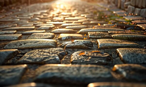 A cobblestone street with uneven stones, their worn surfaces bearing witness to countless footsteps. Video