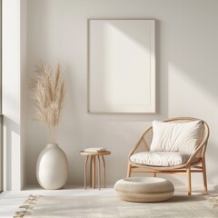 Wall art print mockup photo of a single  blank empty frame on the wall in a bohemian living room decorated with an armchair and vase with dried flowers in minimalist aesthetic.
