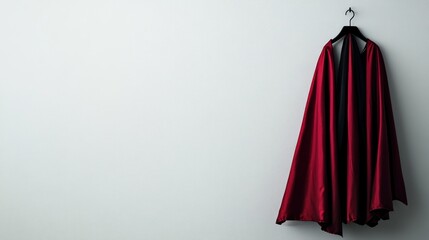 A red cape hangs on a black hanger against a minimalist wall, suggesting themes of heroism.