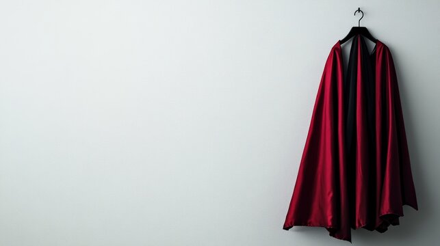 A red cape hangs on a black hanger against a minimalist wall, suggesting themes of heroism.