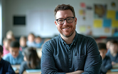 Obraz premium Smiling teacher standing confidently in a classroom filled with students, professional educator radiating positivity and leadership, perfect for education and learning environment concepts
