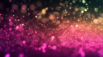Scattered gradient fuchsia to pine green particles against a dark backdrop create a vibrant, nature-inspired celebratory background