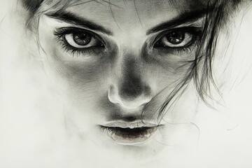 Fototapeta premium expressive charcoal sketch of girls portrait bold gestural lines contrast of light and shadow raw emotional quality