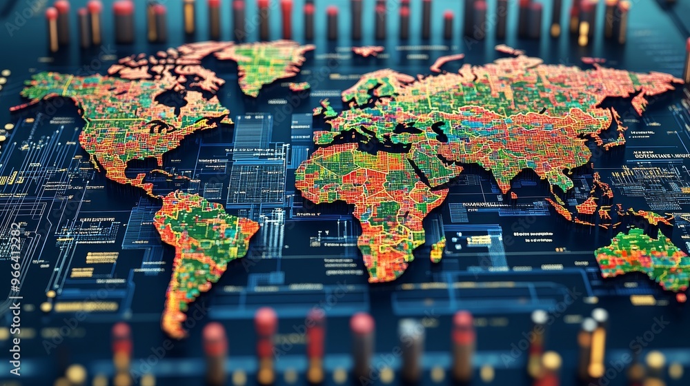Poster a digital world map with vibrant colors and circuit patterns representing global connectivity and te