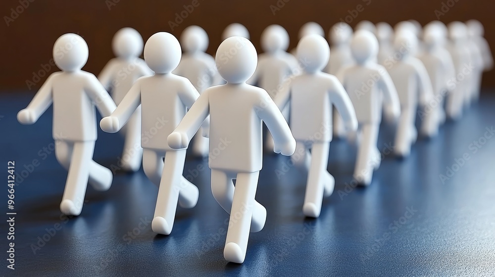 Poster a dynamic group of white figures running on a surface, representing teamwork, progress, and energy i