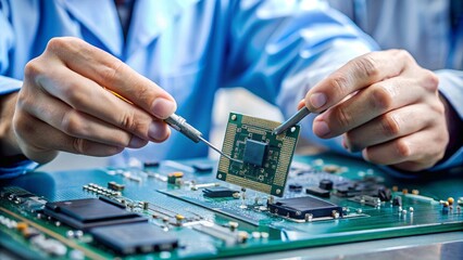 Detailed Close-Up Image of Hands Skillfully Assembling Microchips in a High-Tech Environment for Tech Industry Applications