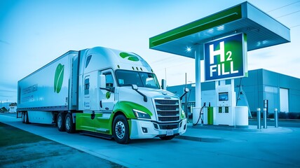 Fototapeta premium A white and green semi-truck fuels up at a hydrogen station, showcasing the future of clean transportation. 