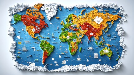 A vibrant and colorful world map showcasing continents and landmarks, perfect for educational and travel related projects.