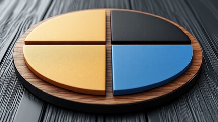 A vibrant pie chart with four sections in yellow, blue, black, and orange placed on a wooden surface. Ideal for data representation.