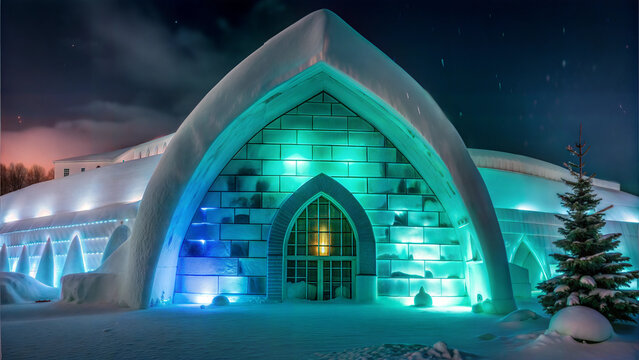 Stunning exterior view of an ice hotel illuminated by colorful lights at night