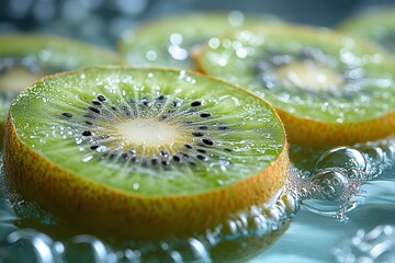 extreme closeup of glistening kiwi slices suspended in crystalclear water with rising bubbles creating a dynamic refreshing composition