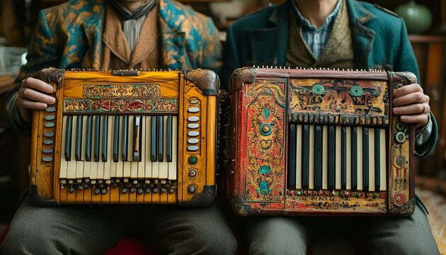 two people holding an accordion. 