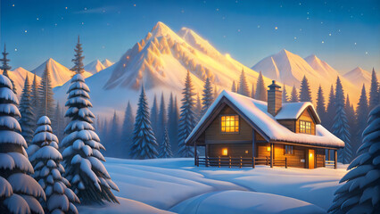 Naklejka premium Cozy mountain cabin nestled among snow-covered pines with glowing warm lights 