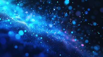 Scattered pastel blue particles against a dark backdrop create a soothing, celebratory background