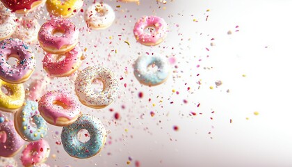 Lots of colorful donuts covered with icing and confetti, light background, copy space, free space for text. National Donut Day