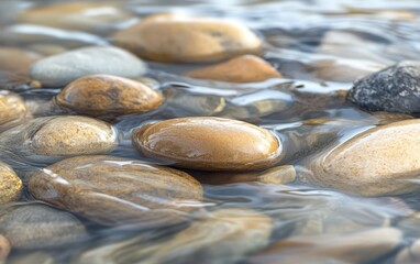 A serene view of smooth, colorful stones submerged in clear water, creating a tranquil natural scene.