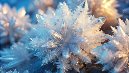 Close-up of intricate ice crystal formations resembling snowflakes with sparkling textures in a frosty setting
