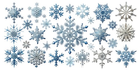 Delicate, intricately designed snowflakes in various shapes and sizes, isolated on a white background, perfect for winter-themed designs, crafts, and festive digital projects.