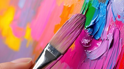 Fototapeta premium A close up of a person holding a paint brush and painting on an art canvas, AI