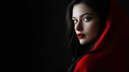 Fototapeta premium A woman in a red hood gazes back, evoking mystery and allure against a dark background.