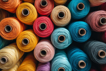 Bunch of colorful yarns are piled up in a row. The colors are bright and vibrant, creating cheerful and lively atmosphere