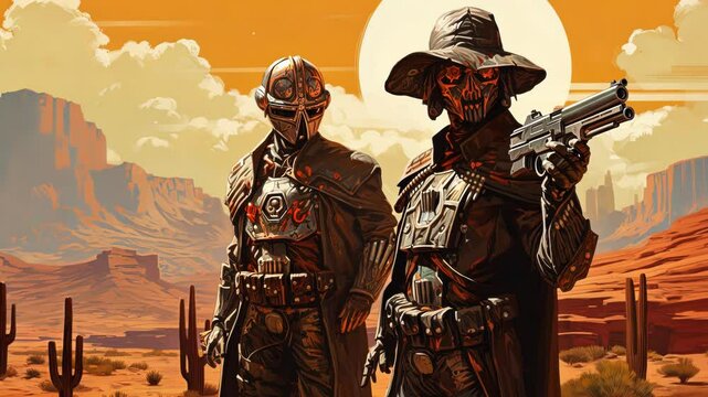 Space cowboys in sci-fi western scene. Sci-fi warriors of the wasteland