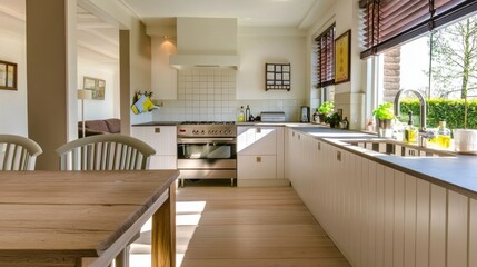 A sunny kitchen with white tile walls, a wooden table and sink.